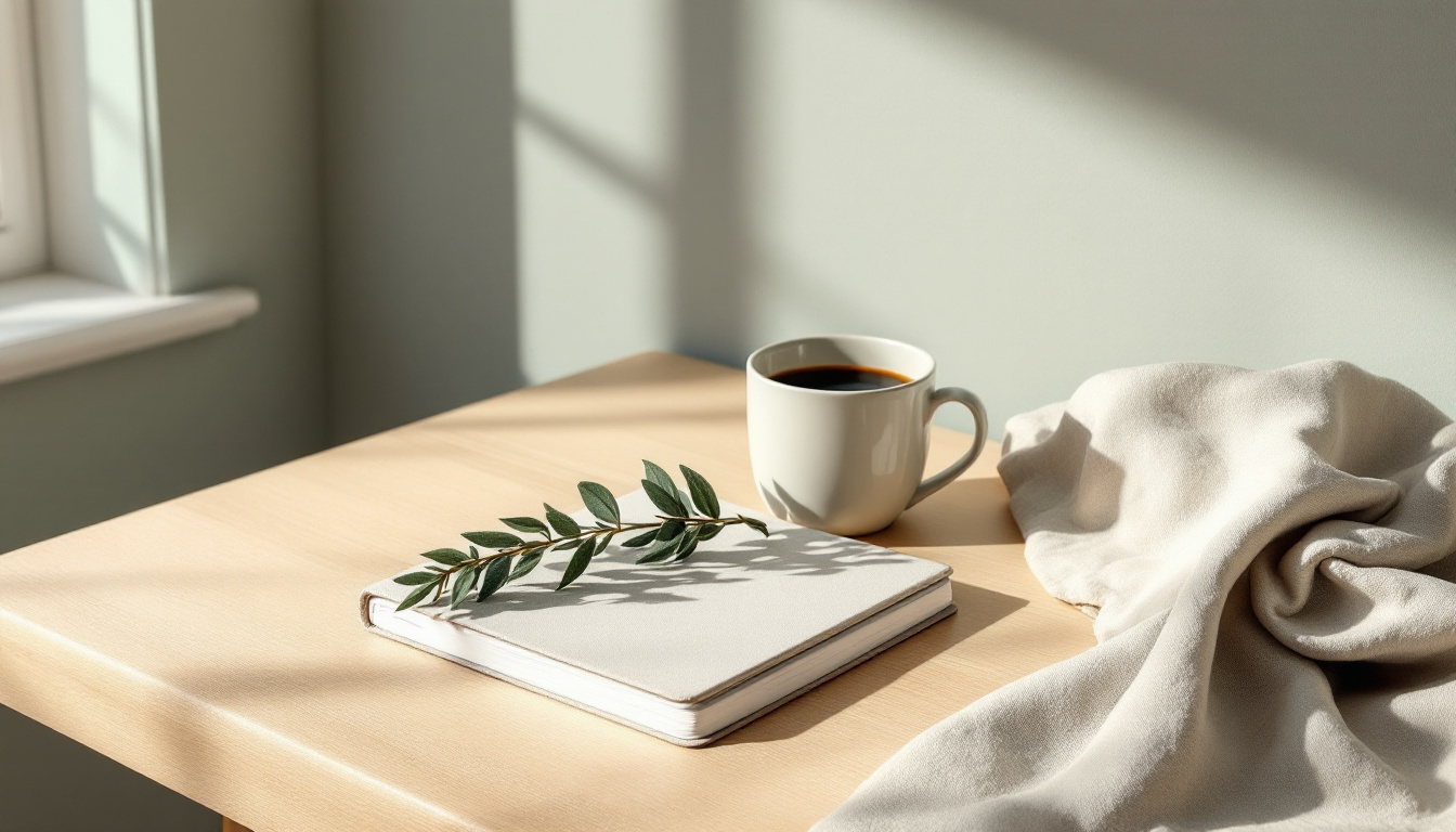 Anteckningsbok med en salviakvist och en kaffekopp på ljust träbord i mjukt fönsterljus, med ett vikt linnetyg bredvid