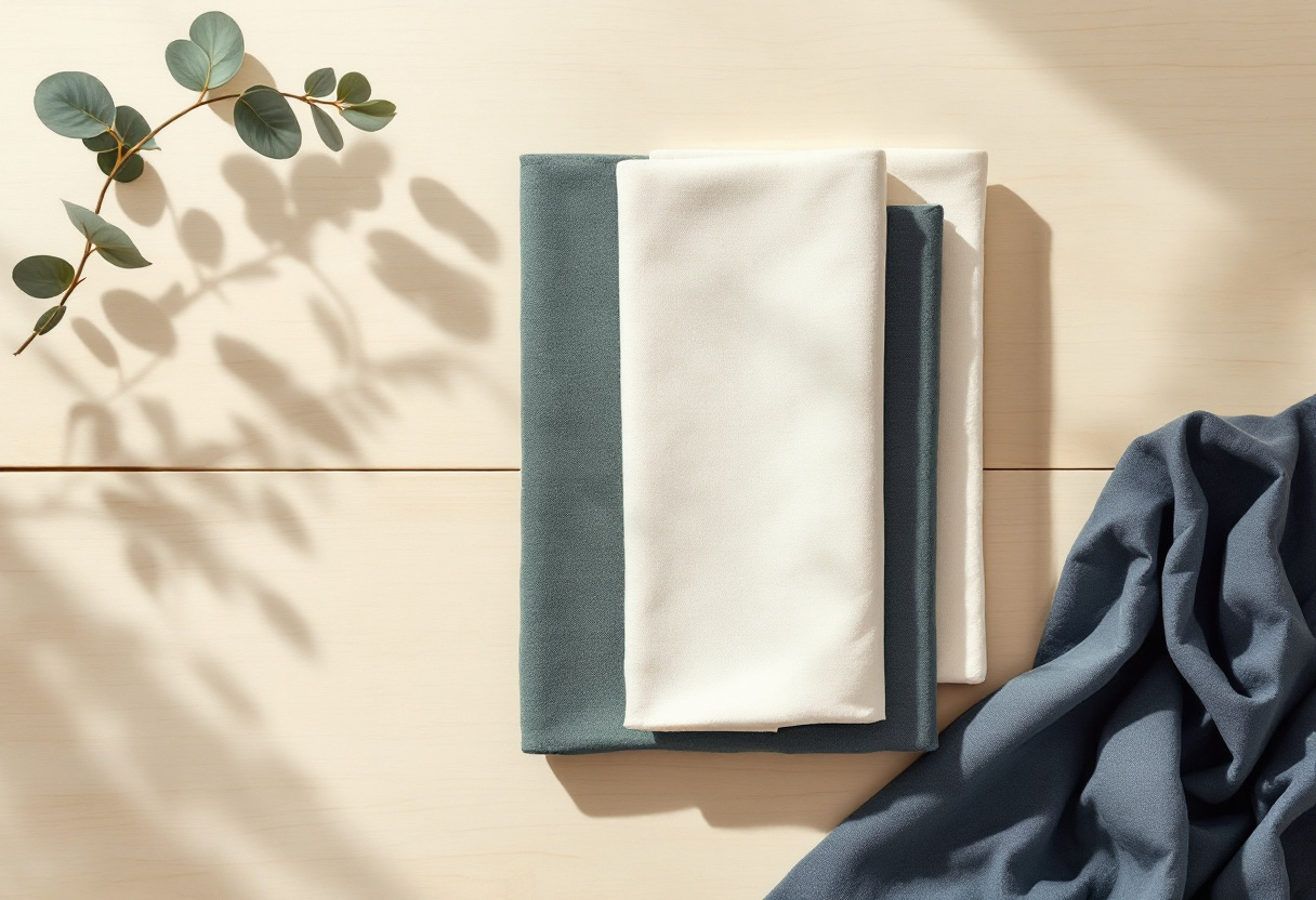 Stilla flat-lay ovanifrån med två vikta linnedukar i cream och salviagrönt på blek ek, en smal mässingsstav mellan dem i mjukt dagsljus