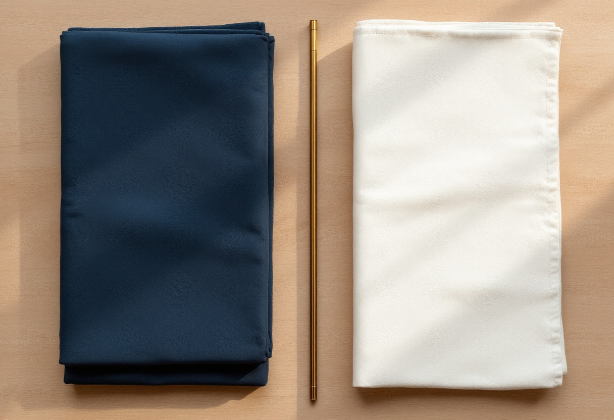 Flat-lay ovanifrån med två vikta linnedukar i marinblått och cream på blek ek, en smal mässingsstav mellan dem i mjukt dagsljus