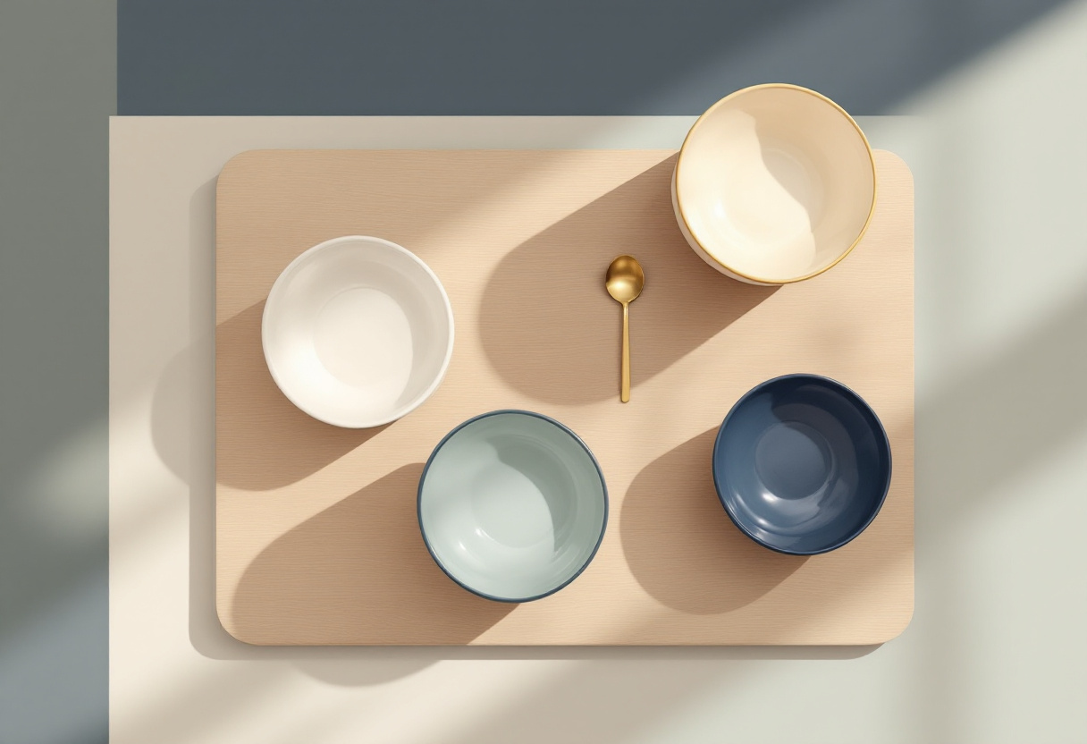 Skandinavisk flat-lay ovanifrån med tre små keramikskålar i cream, salvia och marinblått på blek ek, en liten mässingssked bredvid i mjukt dagsljus