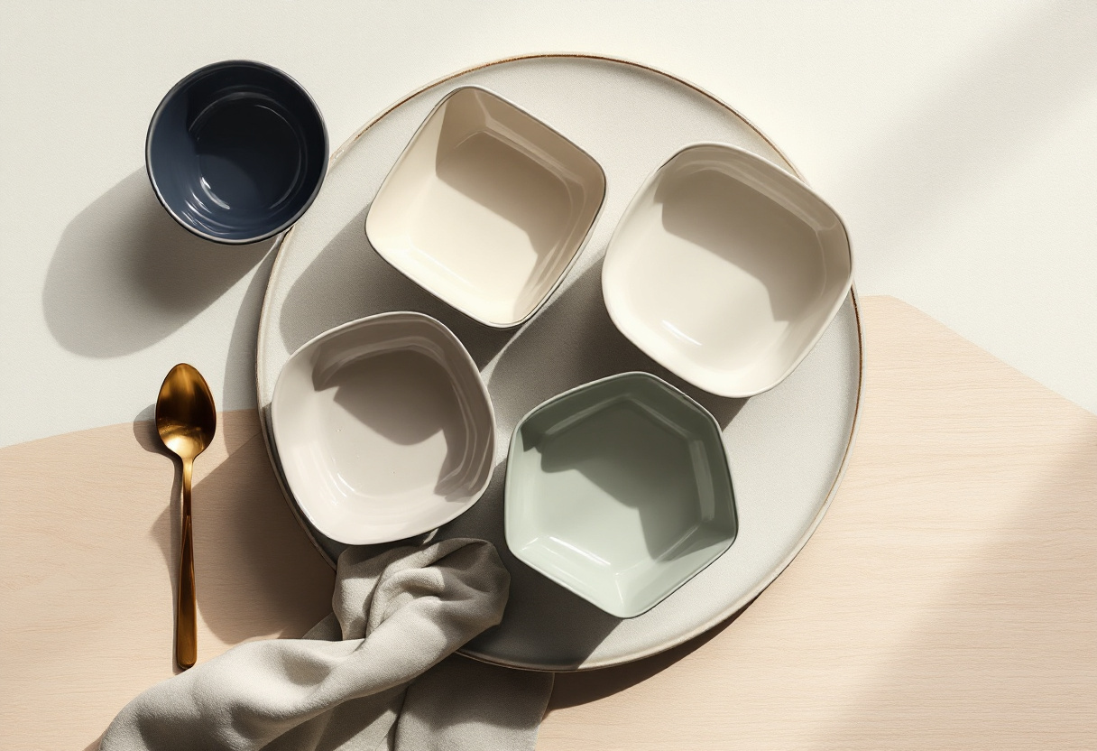 Stilla flat-lay ovanifrån med tre små keramikskålar i cream, salvia och marinblått på blek ek, en liten mässingssked bredvid i mjukt dagsljus