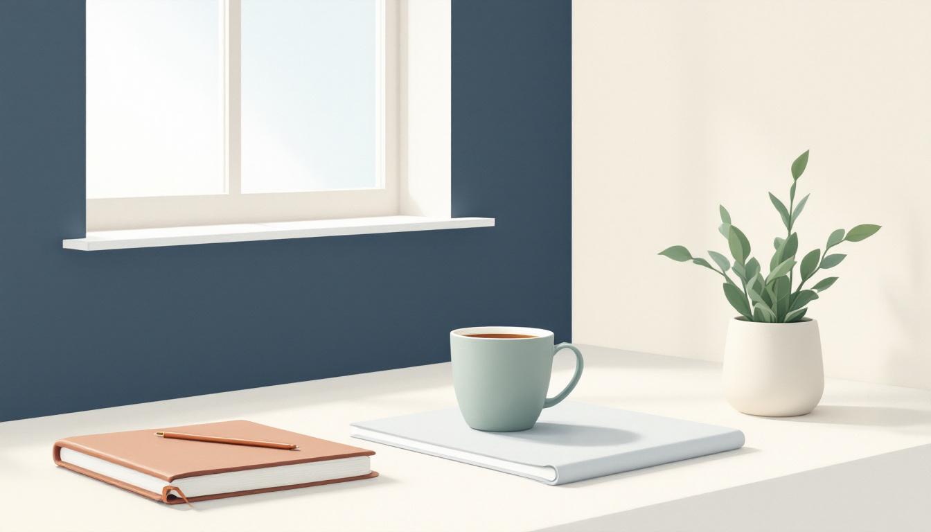 Skandinaviskt hemmaskrivbord med en ensam ceramic kaffekopp, en stängd anteckningsbok och en salviakvist i morgonljus