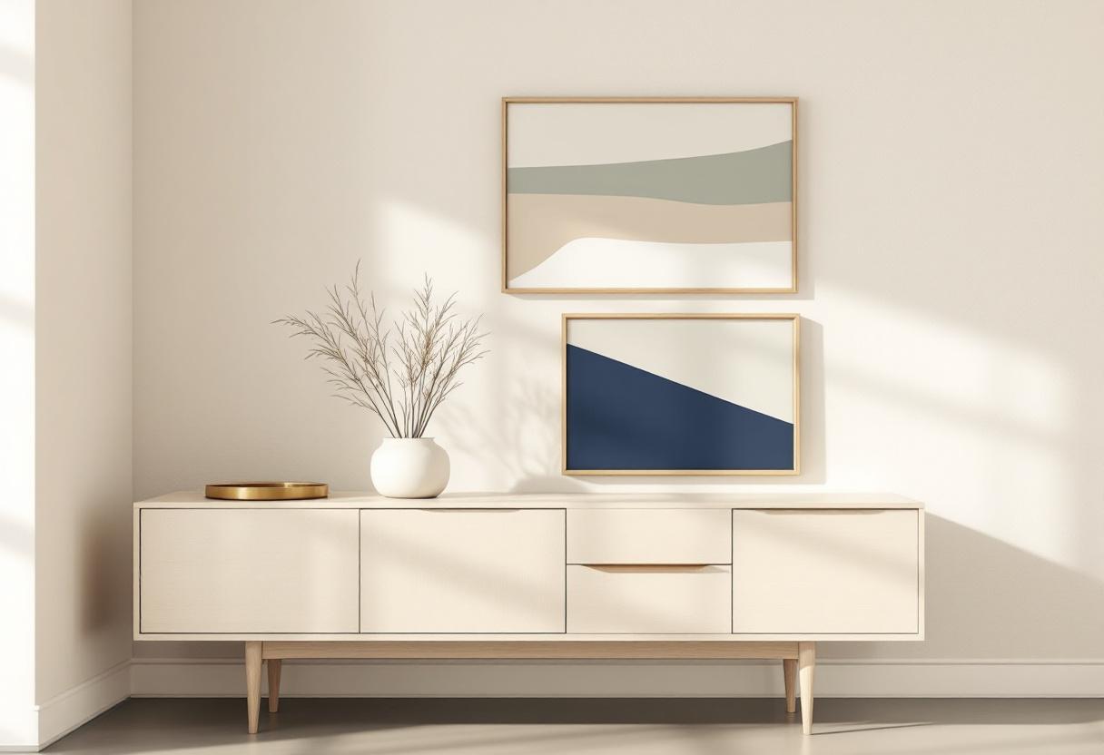 Stillsam interiör med pale wood sideboard, liten ceramic vas och en kvist dried grass