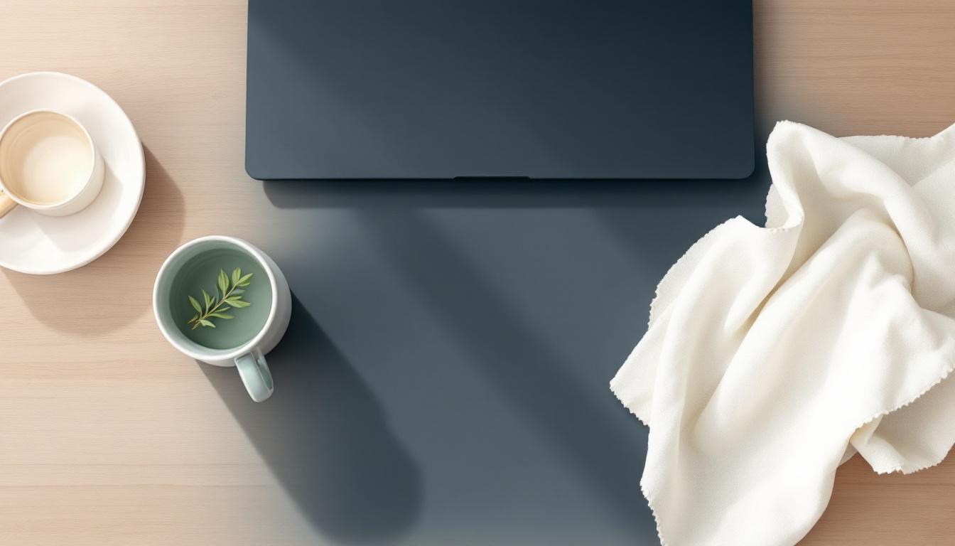 Stilla skandinavisk arbetsyta med två keramikmuggar i olika storlek på blek ek, en vikt linnetuk och en salviakvist i mjukt morgonljus