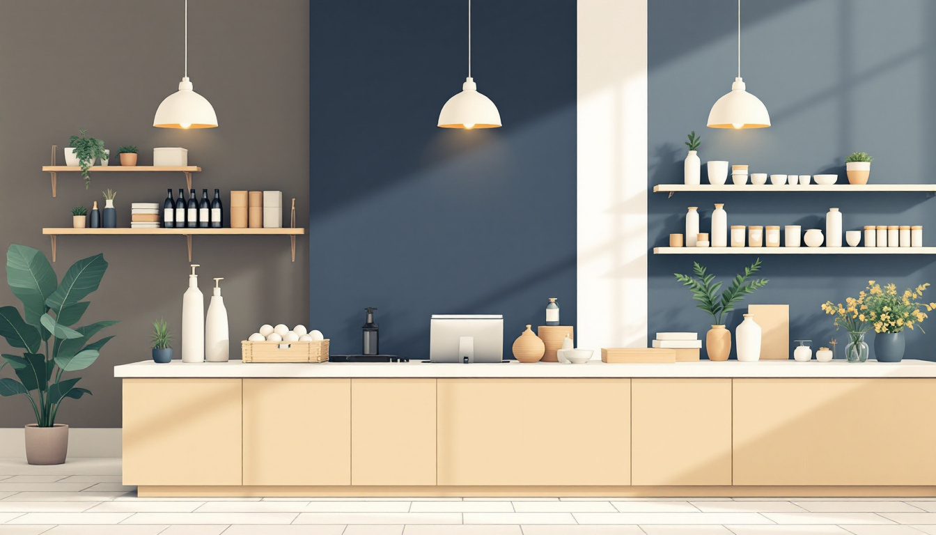Skandinavisk flat illustration av ett lugnt nordiskt butiksrum i mjukt morgonljus med en disk och hyllor, marinblått och cremevitt i poster-stil