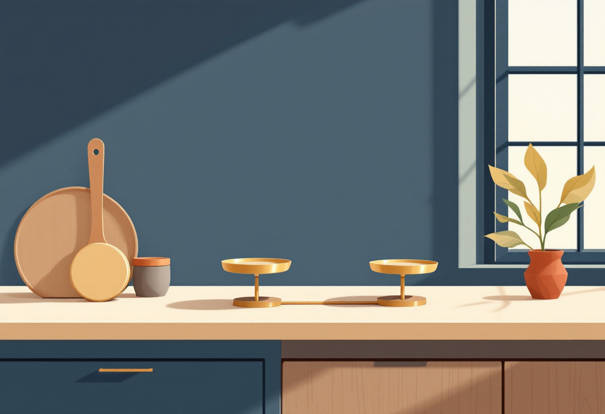 Skandinavisk flat illustration av en mässingsvåg i perfekt balans på en disk vid ett fönster, marinblått och amber i mjukt morgonljus