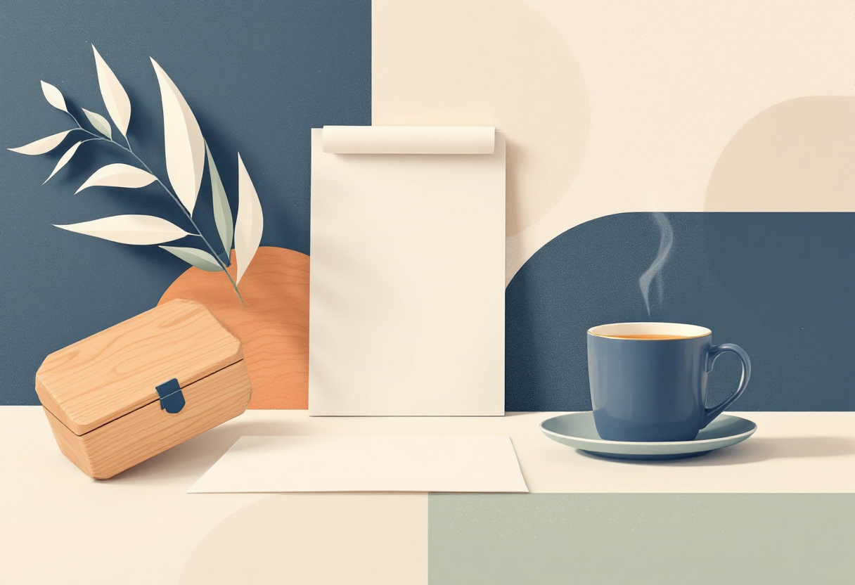 Skandinavisk flat illustration av ett ordnat skrivbord med en kassalåda, ett vikt papper och en kaffekopp i mjukt sidoljus, cremevitt och marinblått