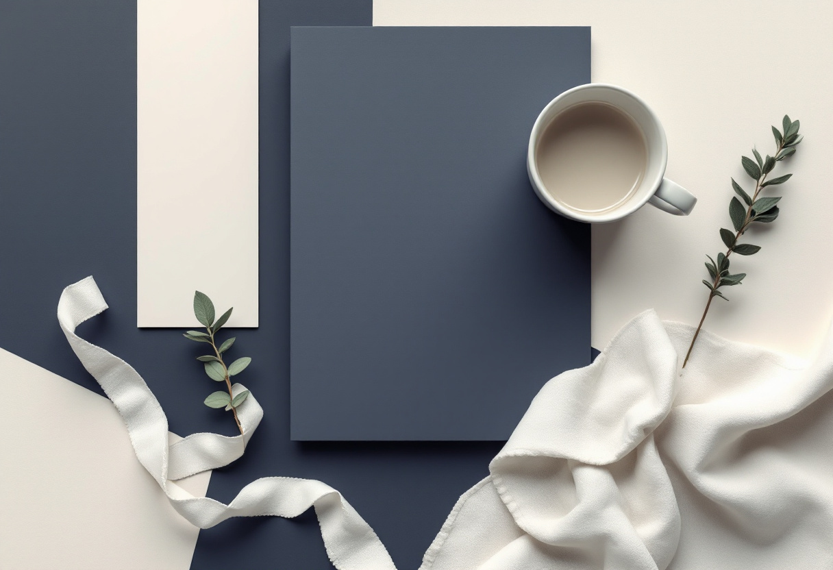 Stilla flat-lay med en keramikkopp, en vikt linnetuk och en salviakvist på dämpad krämbakgrund i mjukt sidoljus