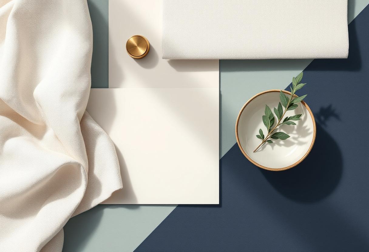 Minimalistisk flat-lay med linneduk, stängd brun anteckningsbok och en salviakvist i mjukt ljus