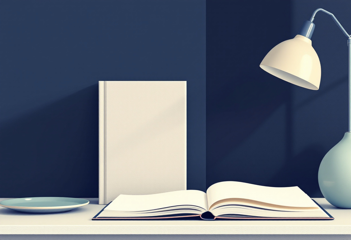 Uppslagen bok och en stående pärm på en ljus hylla mot marinblå vägg, med bordslampa och keramikvas i mjukt ljus
