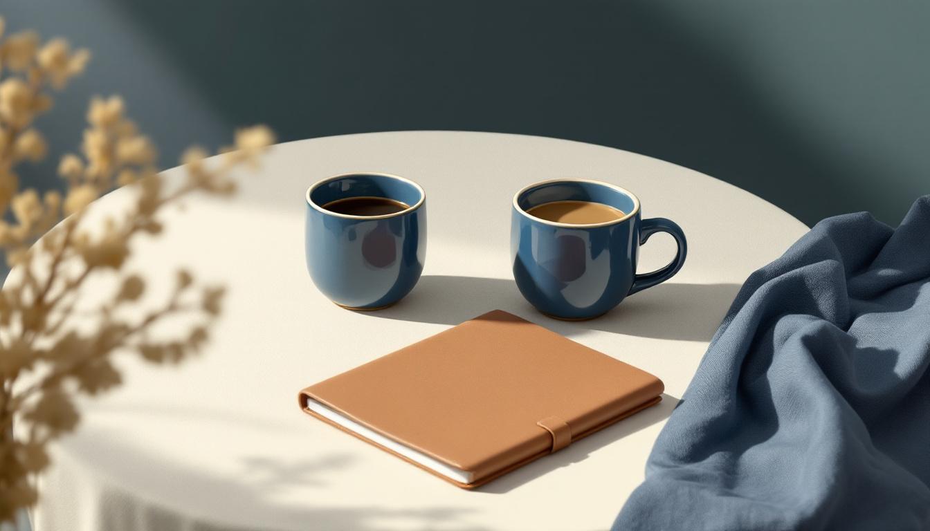 Två keramikkoppar i krämvit och djupblå ton på en linneduk med en stängd läderanteckningsbok mellan dem