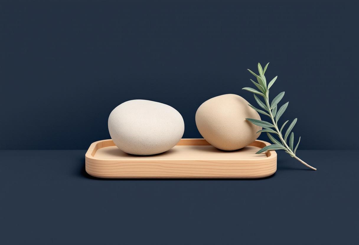 Stilleben med en slät flodsten på ena sidan av en träbricka och en mässingsvikt på den andra, balanserat