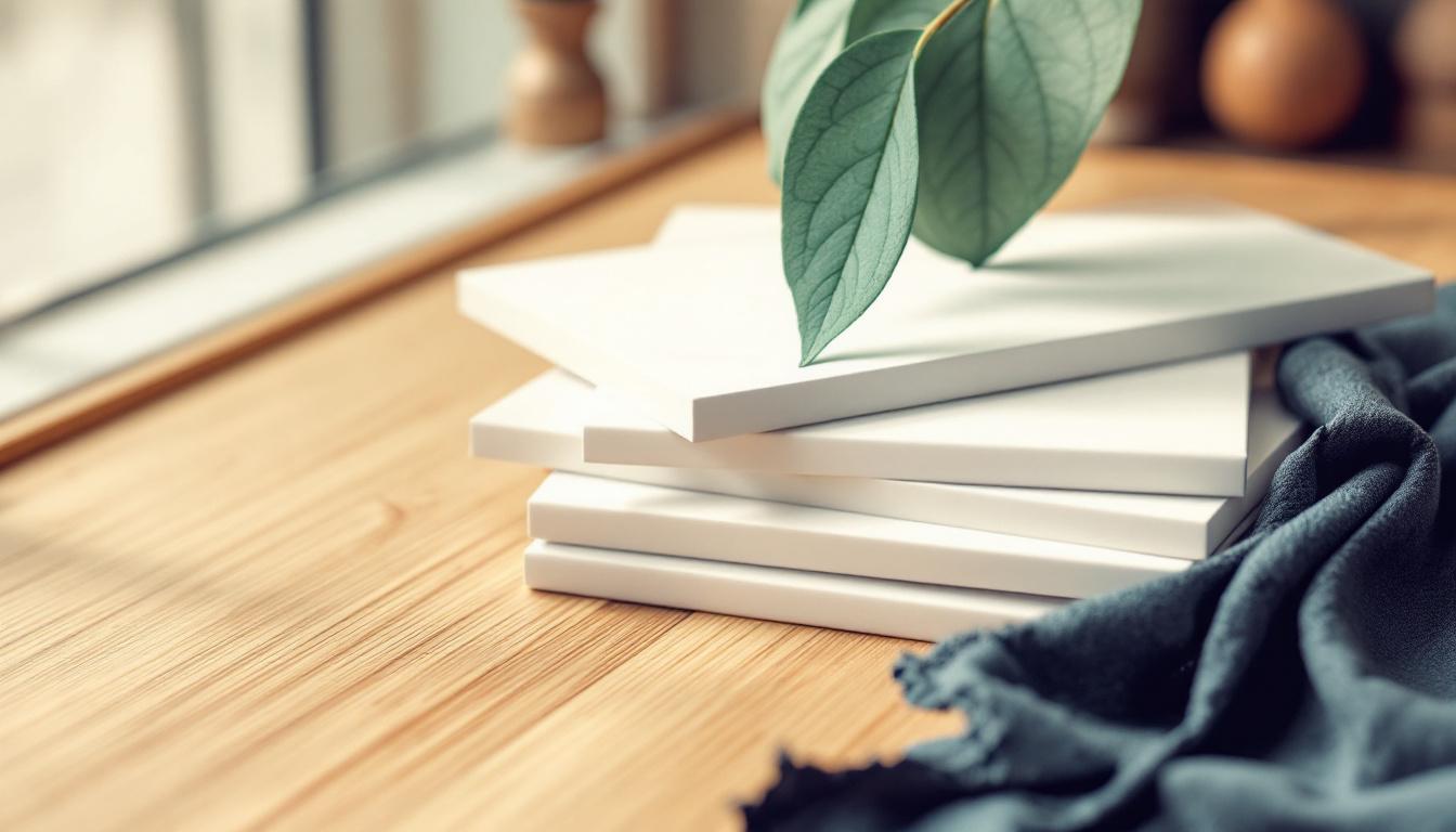 Skandinaviskt skrivbord med en stapel oblanchera krämfärgade pappersark och en salviakvist i mjukt fönsterljus