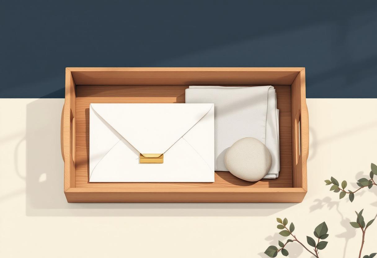 Träbricka med en stängd mässingsklämma, en slät flodsten och en vikt linnetuk på dämpad krämbakgrund