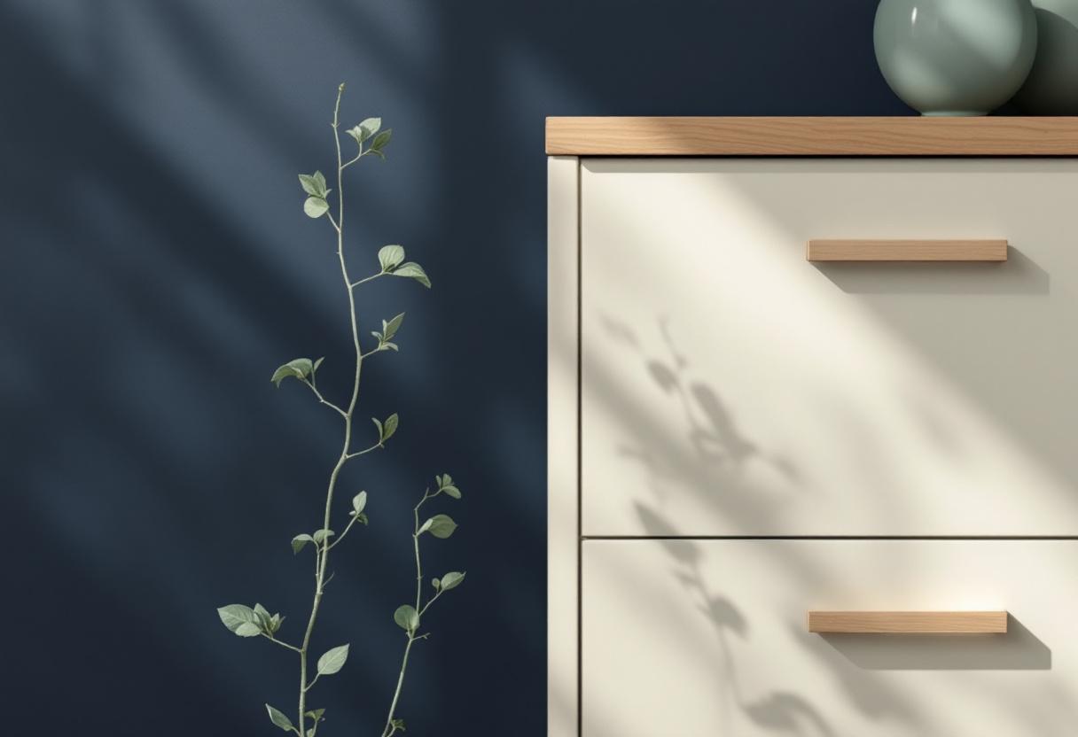 Rad smala ekhandtag på en blek skåpdörr i mjukt sidoljus, med en liten salviakvist mot skåpkanten