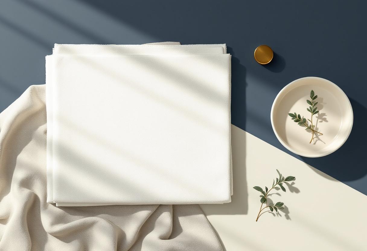 Minimalistisk flat-lay med linne, blankt papper och en salviakvist i dämpad palett