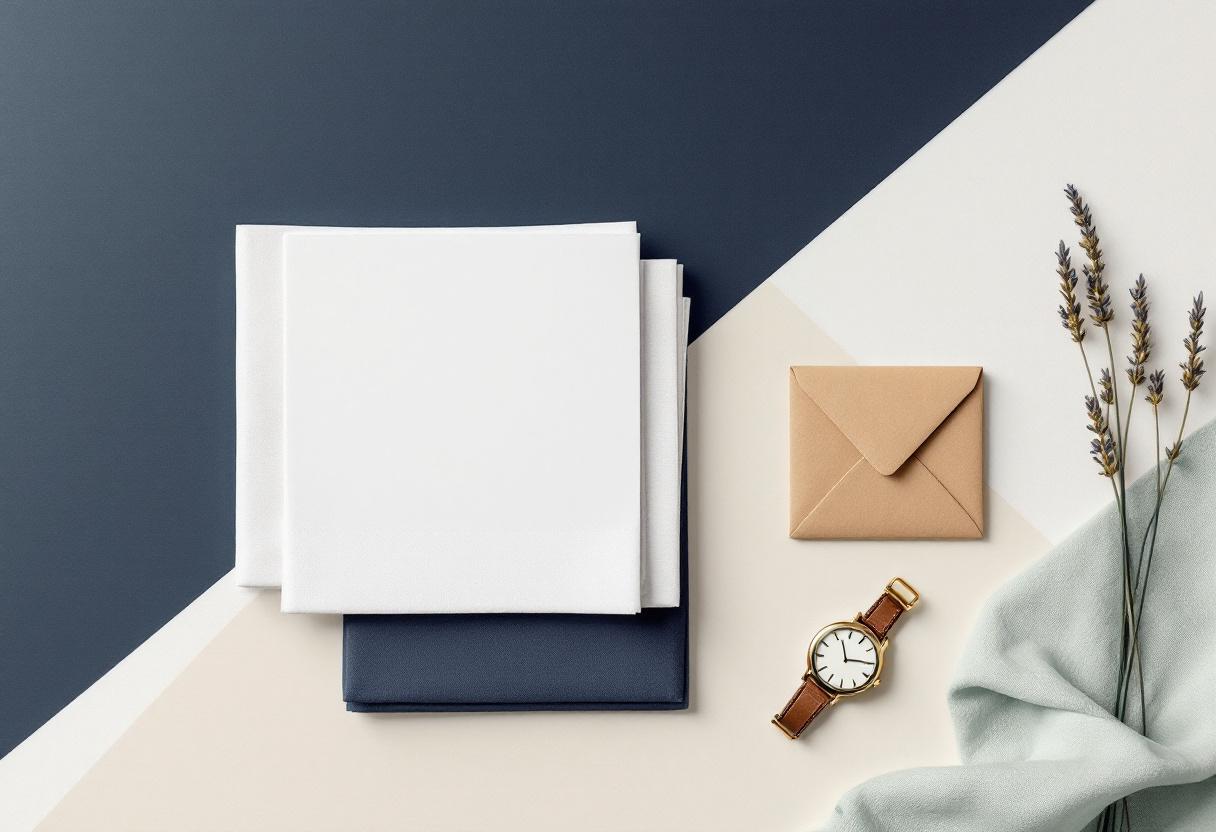 Stilla skandinavisk flat-lay med stängd brun läderportfölj, vikt linnetuk, en obruten stämpelsigill och en kvist torkad lavendel