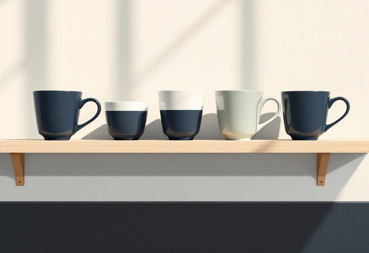 Skandinavisk flat illustration av en mässingsvåg i perfekt balans på blek ek med en salviakvist bredvid, mjukt sidoljus, marinblått och cremevitt i poster-stil