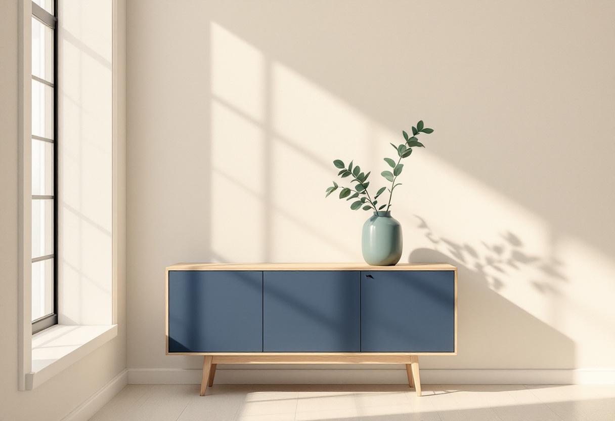 Lugn skandinavisk inredning med en sage-grön krukväxt på pale oak-sideboard och en keramisk vas med eucalyptuskvist i mjukt morgonljus