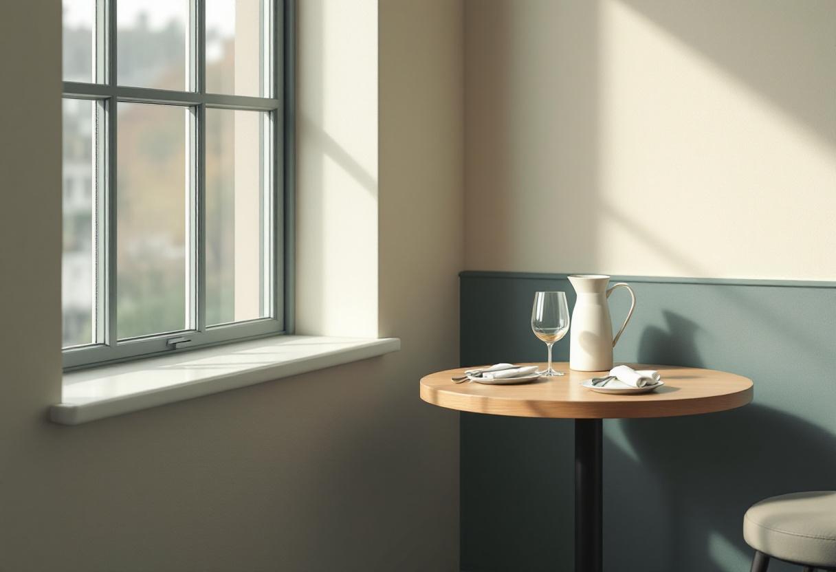 Lugn restaurangvrå med ett litet runt träbord, vikt linneservett och keramisk tallrik i mjukt morgonljus