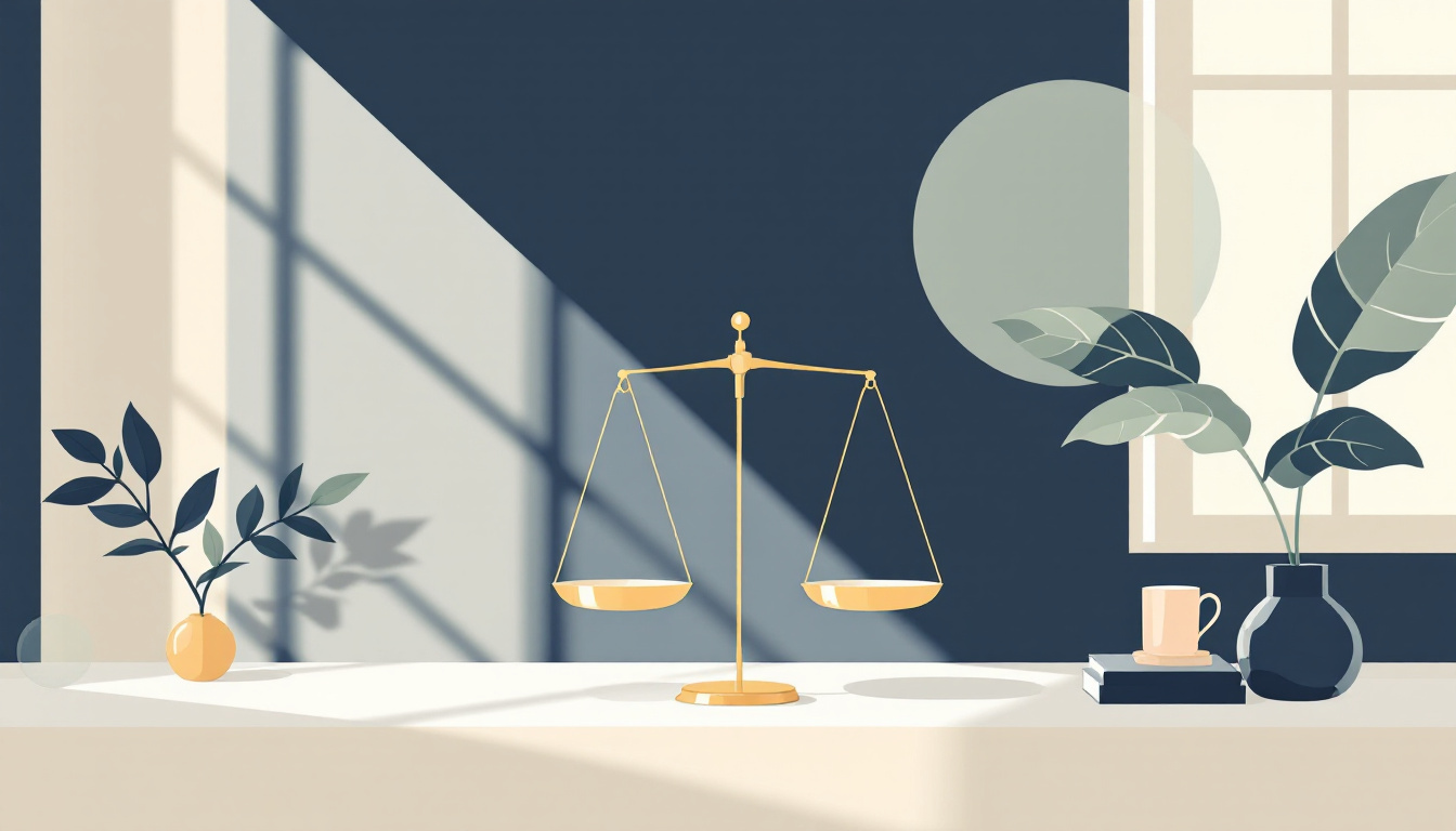 Skandinavisk flat illustration av en mässingsvåg i perfekt balans på ett skrivbord vid ett fönster, marinblått och amber i mjukt morgonljus