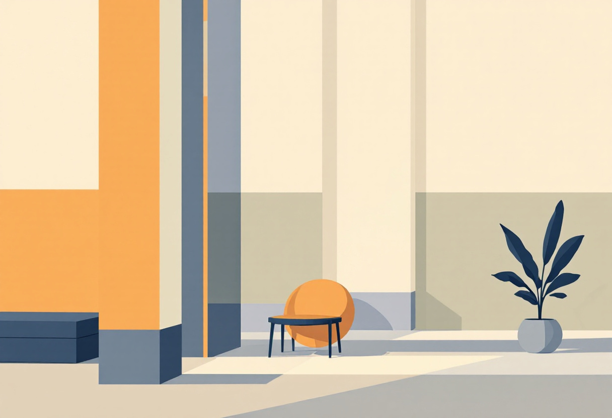Skandinavisk flat illustration av en lugn arkitektonisk interiör med jämna pelare och mjukt sidoljus, marinblått och cremevitt i poster-stil