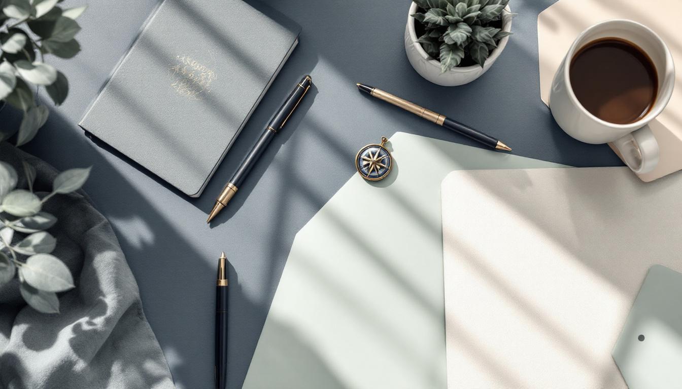 Skandinaviskt skrivbord med läderportfölj, mässingskompass, reservoarpenna och salviaväxt i mjukt morgonljus