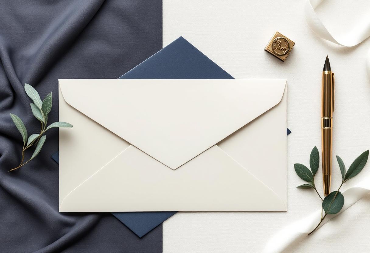 Översikt ovanifrån: vikt kuvert, reservoarpenna, mässingsstämpel och salviakvist på linne