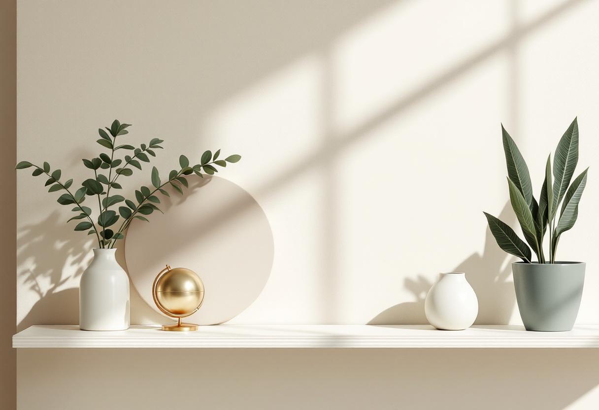 Stillsam interiör med brun mässingsglob, keramikkanna och salviaplanta i dämpat ljus