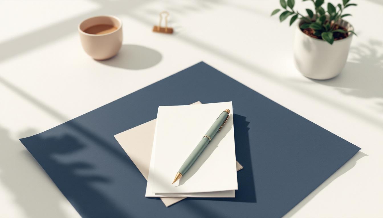 Skandinaviskt skrivbord med vikt papper, reservoarpenna, keramikkopp och salviaväxt i mjukt morgonljus