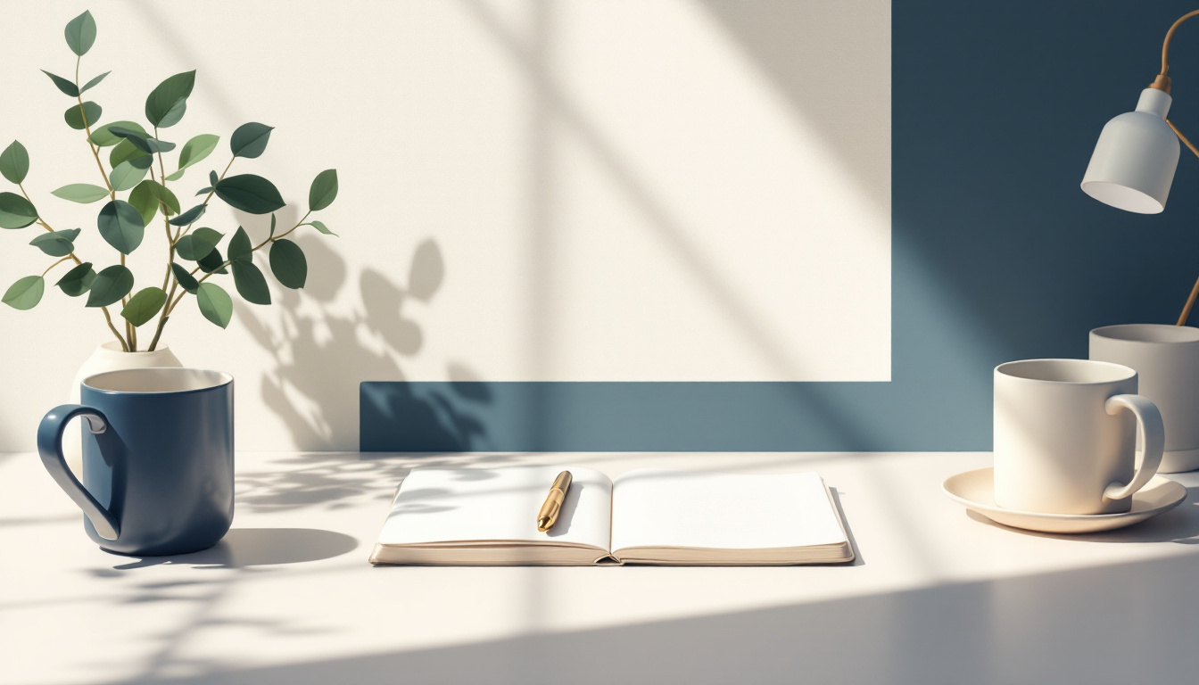 Modern editorial illustration of a tidy Scandinavian desk with a closed cream notebook, brass pen and ceramic mug in soft daylight, no visible text