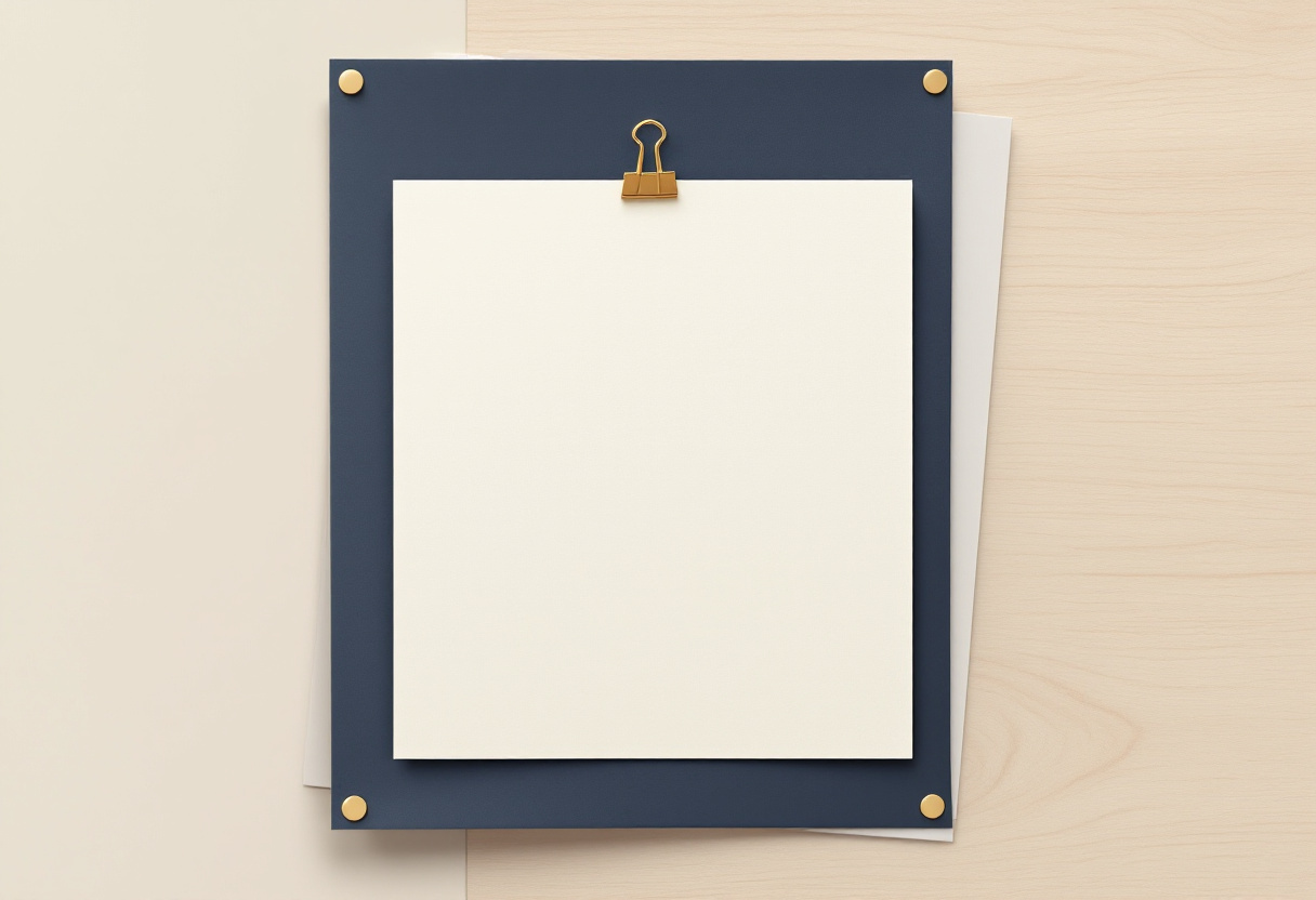 Modern editorial illustration of layered cream paper sheets with brass corner clips on pale oak, no writing visible