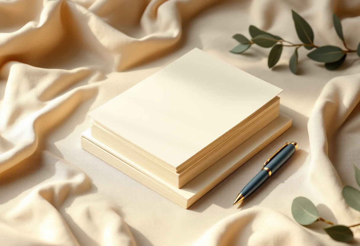 Modern editorial illustration of a neat stack of folded blank cream paper on linen surface with a fountain pen and sage leaf, no text visible