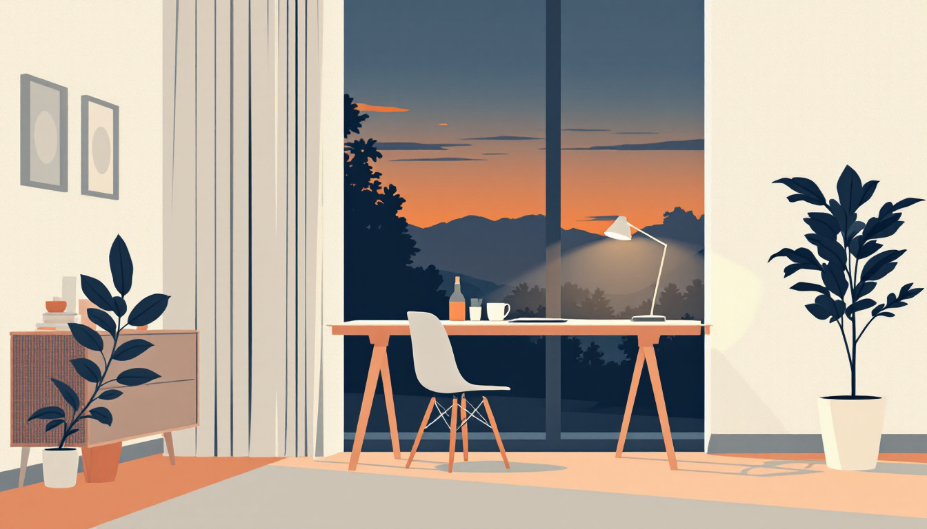 Skandinavisk flat illustration av ett tomt kontorsrum i skymning med ett skrivbord, en stol och en krukväxt vid ett stort fönster, marinblått och amber i mjukt ljus