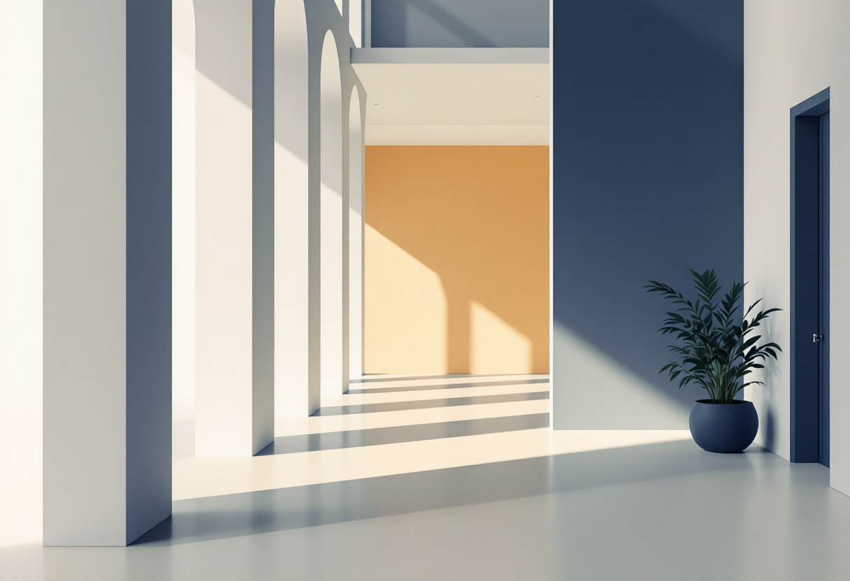 Skandinavisk flat illustration av en lugn arkitektonisk interiör med jämna pelare och mjukt sidoljus, marinblått och cremevitt i poster-stil