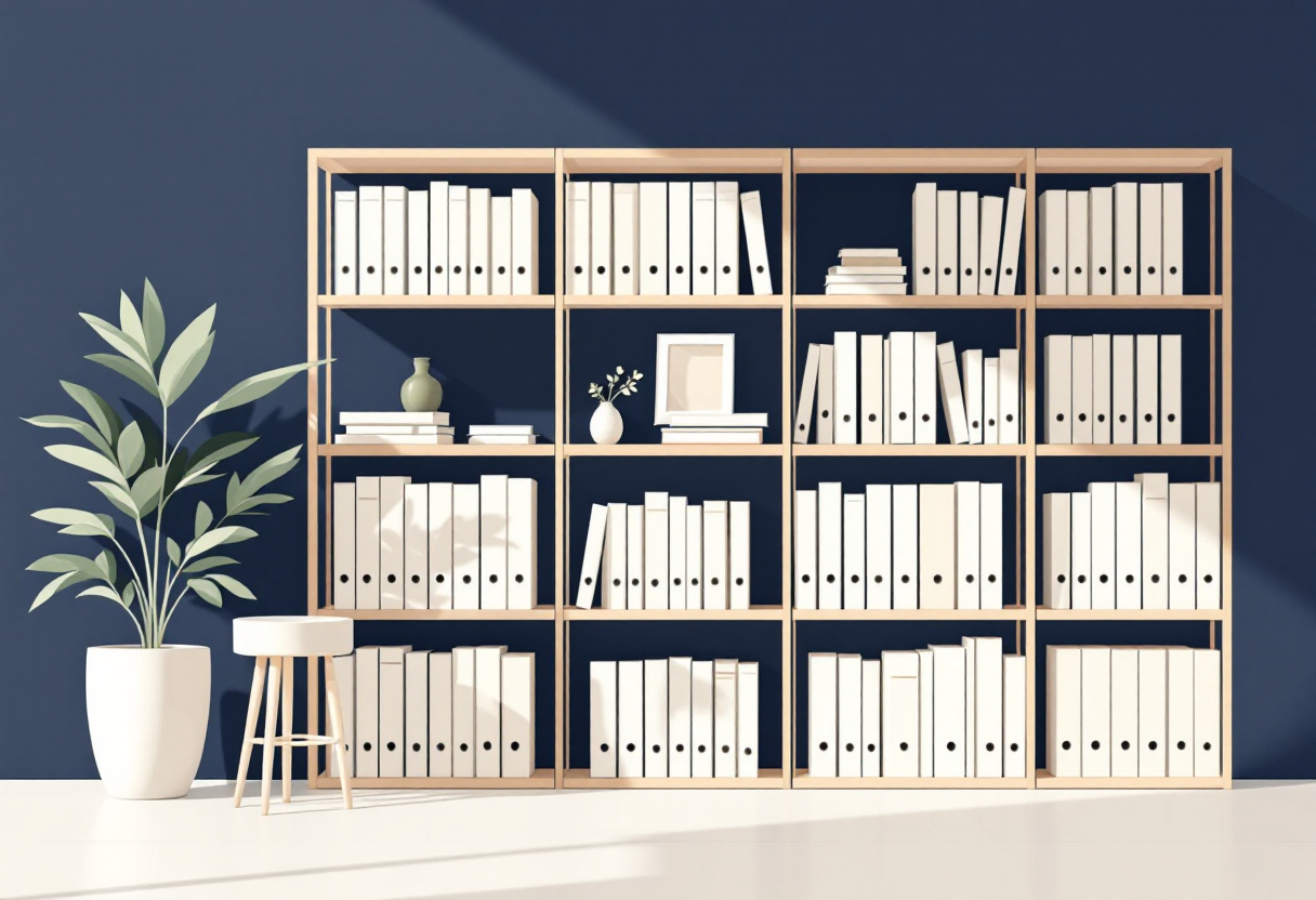 Skandinavisk flat illustration av ett ordnat arkivrum med rader av stängda pärmar på enkla hyllor, en krukväxt och en vas i mjukt sidoljus, cremevitt och marinblått