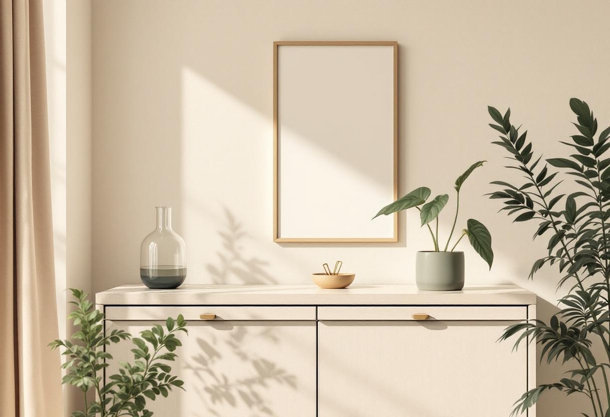 Stillsam interiör med träsideboard, glaskaraff, keramikskål med mässingsgem och salviaplanta