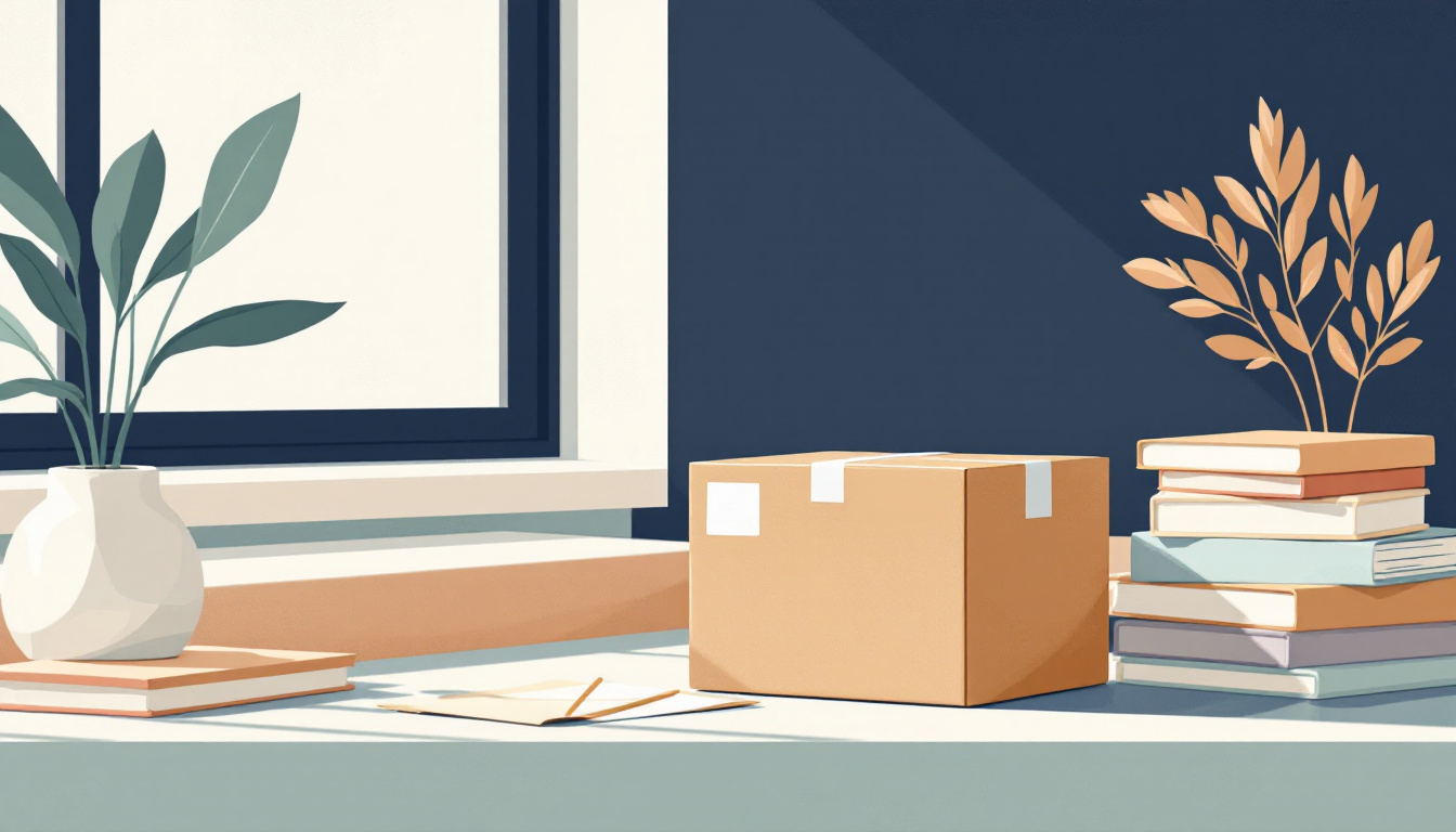 Skandinavisk flat illustration av ett förseglat paket och staplade kuvert redo för export på ett skrivbord vid ett fönster, marinblått och amber i mjukt morgonljus