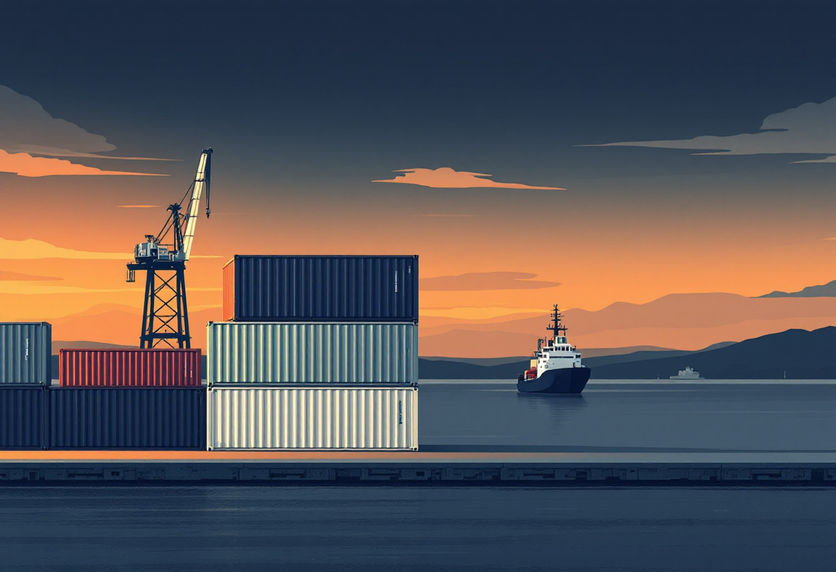 Skandinavisk flat illustration av en lugn hamn med staplade fraktcontainrar i skymning, marinblått och amber i poster-stil