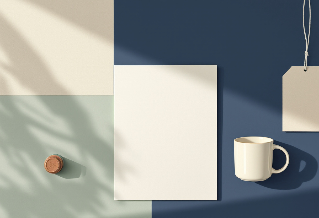 Skandinavisk flat illustration av ett ordnat skrivbord med dokument, en stämpel och en kaffekopp i mjukt sidoljus, cremevitt och marinblått