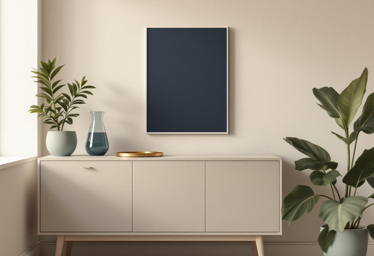 Stillsam arkitektonisk vy med en träsideboard, glaskaraff, mässingsbricka och salviaväxt