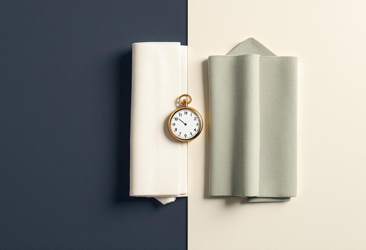 Stilla flat-lay med två vikta linnedukar i graduerade toner och en sluten brass-fickur på pale oak