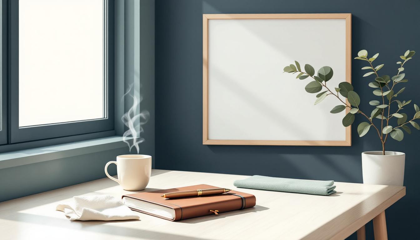 Stilla skandinavisk arbetsplats med en sluten brun läderportfölj, en sage-grön kvist och en keramisk kaffekopp på pale-oak skrivbord i mjukt morgonljus