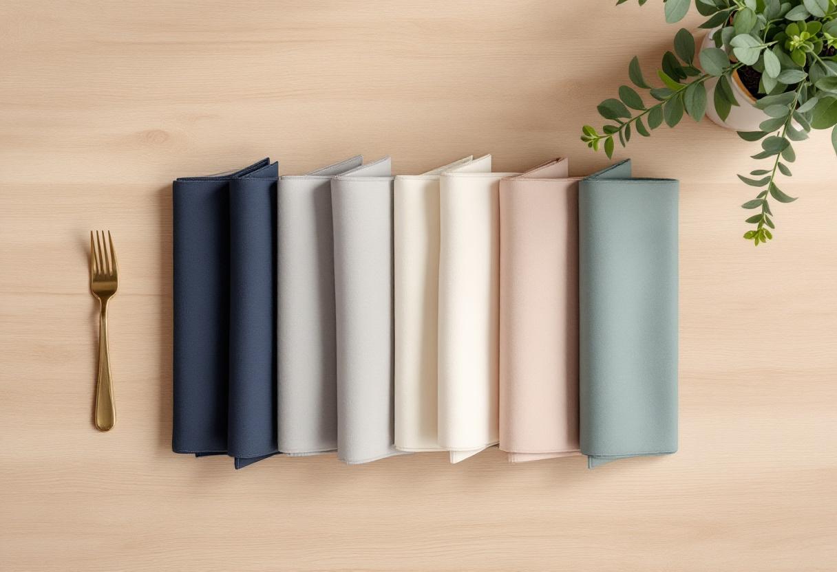 Stilla flat-lay med sju små vikta linnedukar i graduerade toner och en sluten brass-fickur på pale oak