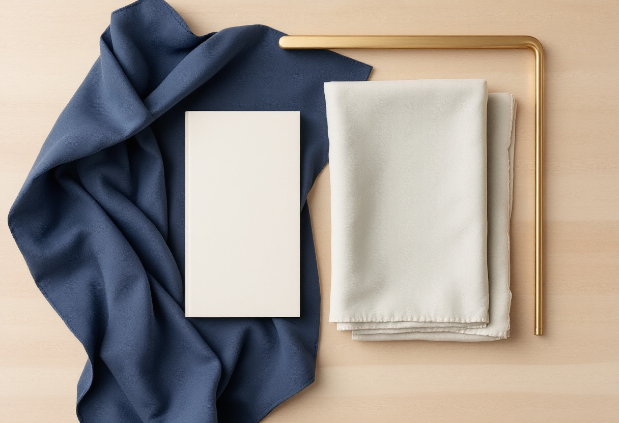Stilla flat-lay med två vikta linnedukar i cream och salviagrönt sida vid sida på blek ek, med en smal mässingsstav mellan dem