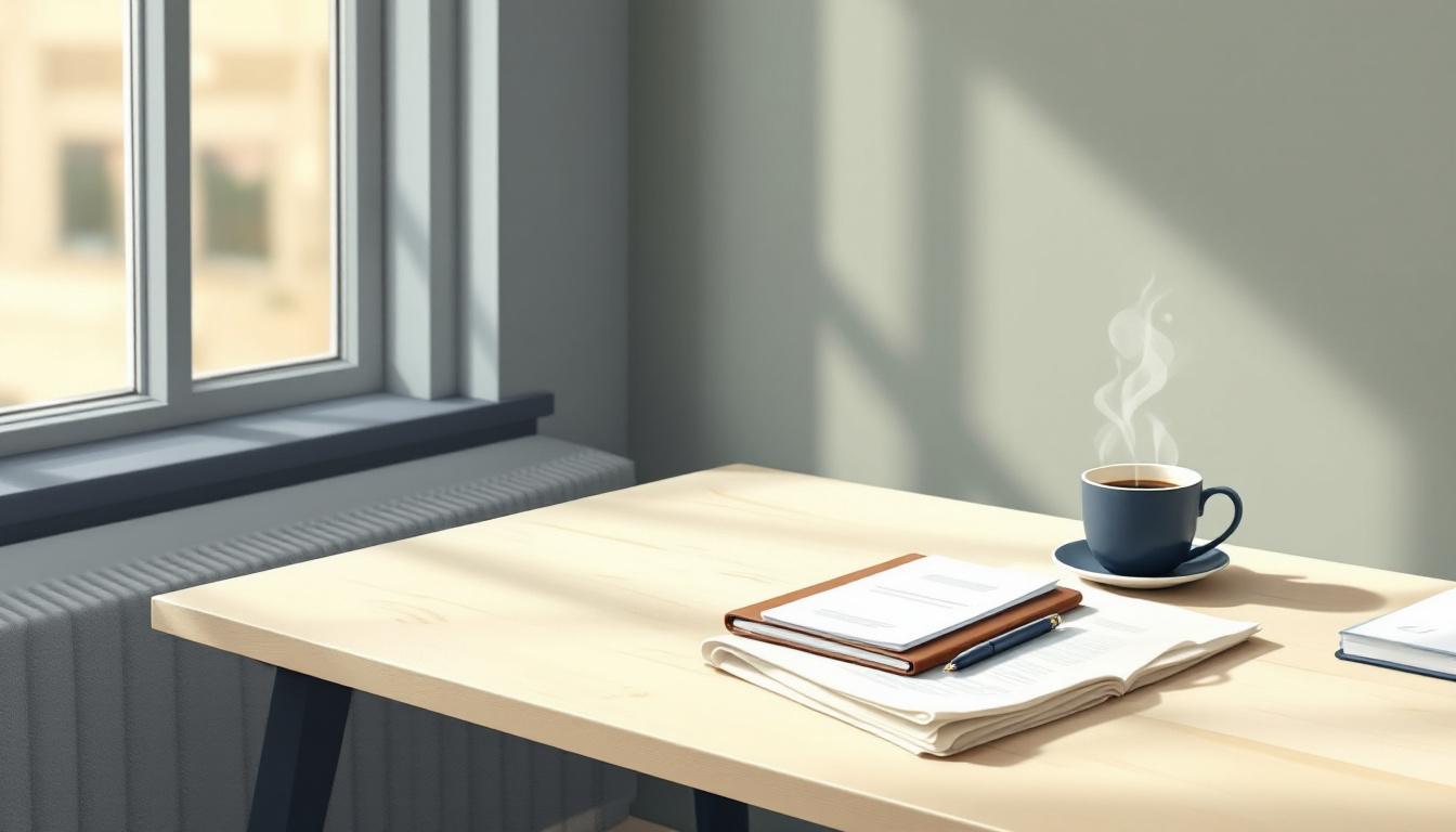 Stilla skandinavisk arbetsplats med en sluten brun läderportfölj, ett vikt linnetuk och en sage-grön kvist på pale-oak bord i mjukt morgonljus