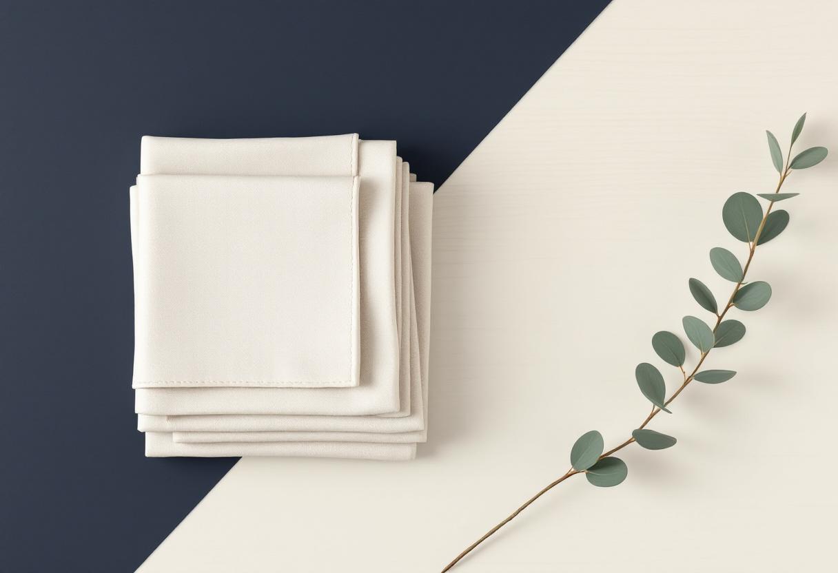 Stilla flat-lay med en stapel vikta linnedukar arrangerade i ett rutmönster och en eukalyptusstjälk på pale oak