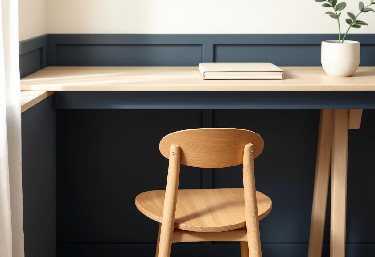 Tom trästol vid ett skrivbord i blek ek mot marinblå bröstpanel, med en stängd anteckningsbok och en liten krukväxt i dagsljus