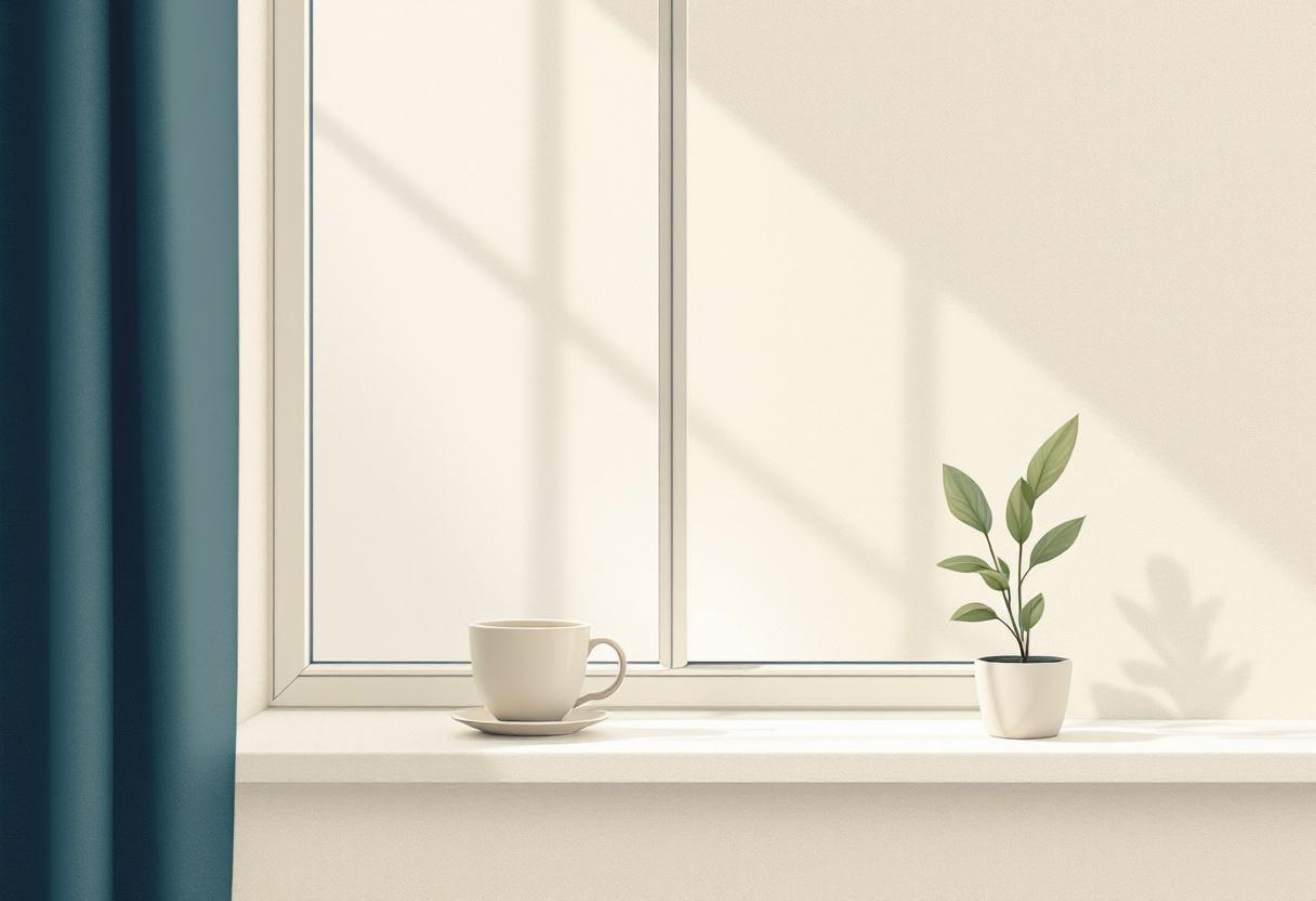 Stillsam fönsterbänk i cremevitt med en keramikkopp och en liten krukväxt, mjukt morgonljus och en djupblå gardin i kanten