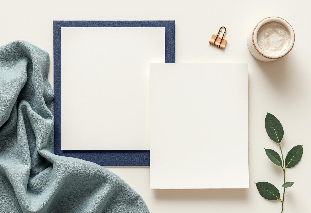 Översikt: två stackar vikta linnepapper i olika höjder med brassklipps och salviablad